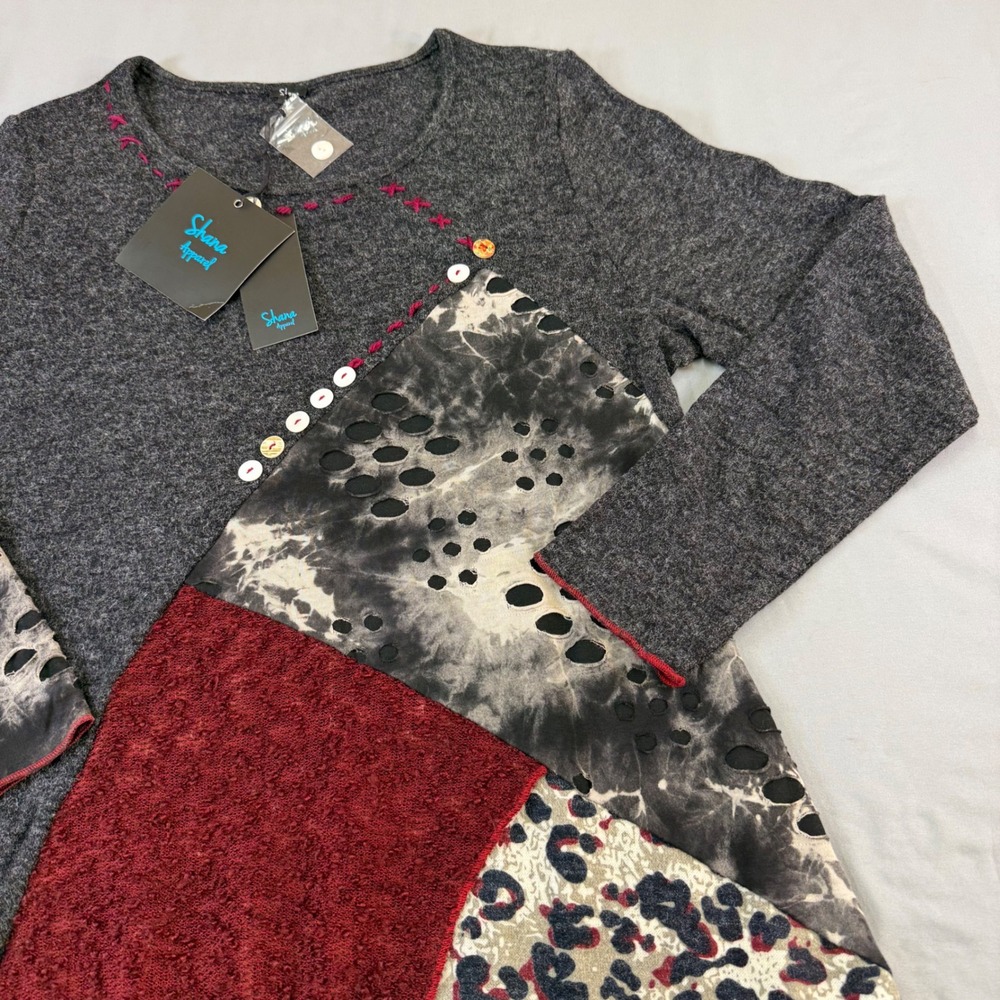 Shana Apparel Mixed Media Patchwork Tunic Top Black Red Leopard Print Womens M - Picture 15 of 16